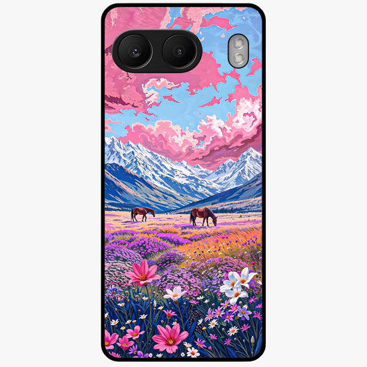 Dreamy Floral Pastures Glass Case for 1+Nord 4 soft front view featuring pastel floral meadow artwork