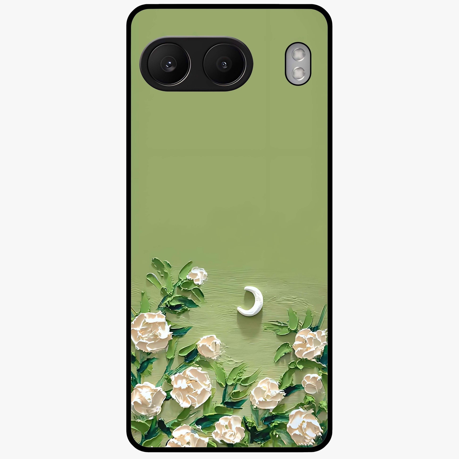 Emerald Bloom Calm Glass Case for 1+Nord 4 elegant front view featuring soothing emerald floral artwork