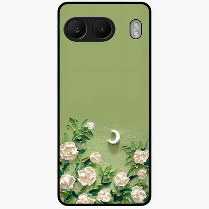 Emerald Bloom Calm Glass Case for 1+Nord 4 elegant front view featuring soothing emerald floral artwork