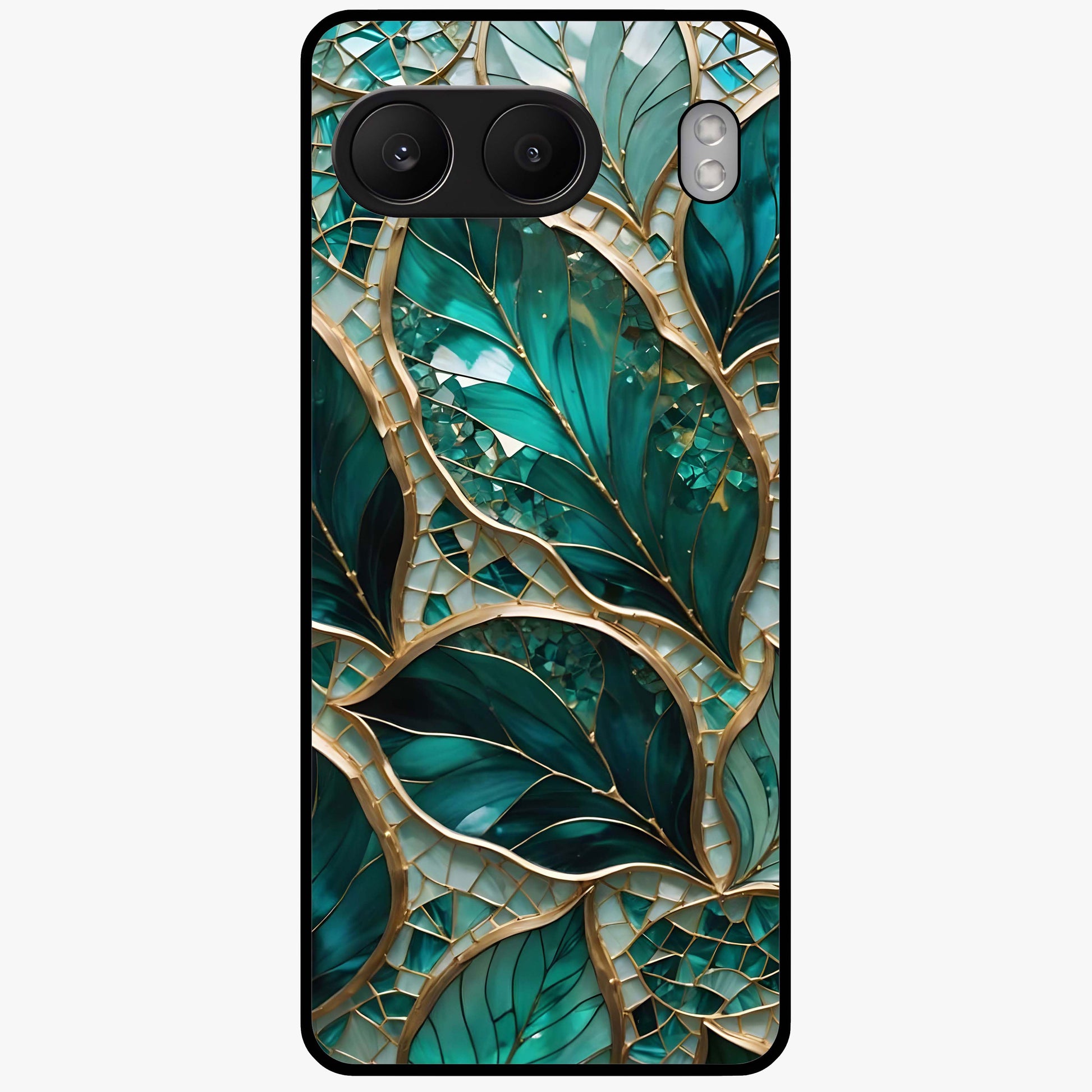 Emerald Leaf Glass Case for 1+Nord 4 minimalist front view featuring elegant green leaf artwork