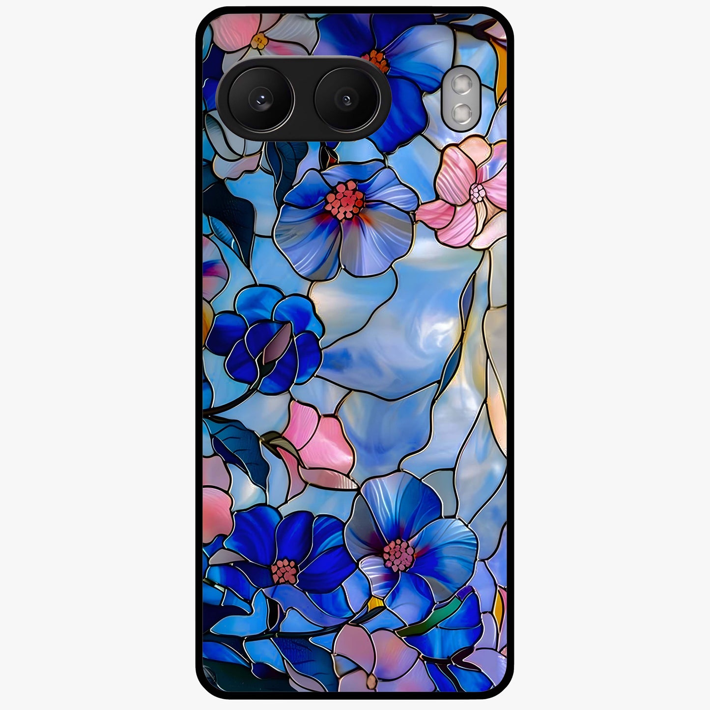 Eternal Floral Stained Glass Case for 1+Nord 4 elegant front view featuring stained glass inspired floral artwork