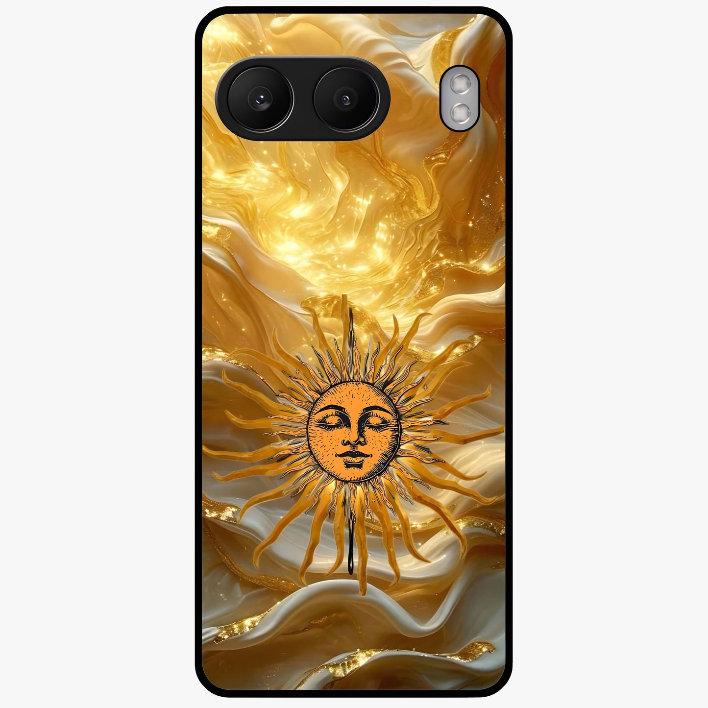 Eternal Golden Glow Glass Case for 1+Nord 4 radiant front view featuring warm golden artistic artwork