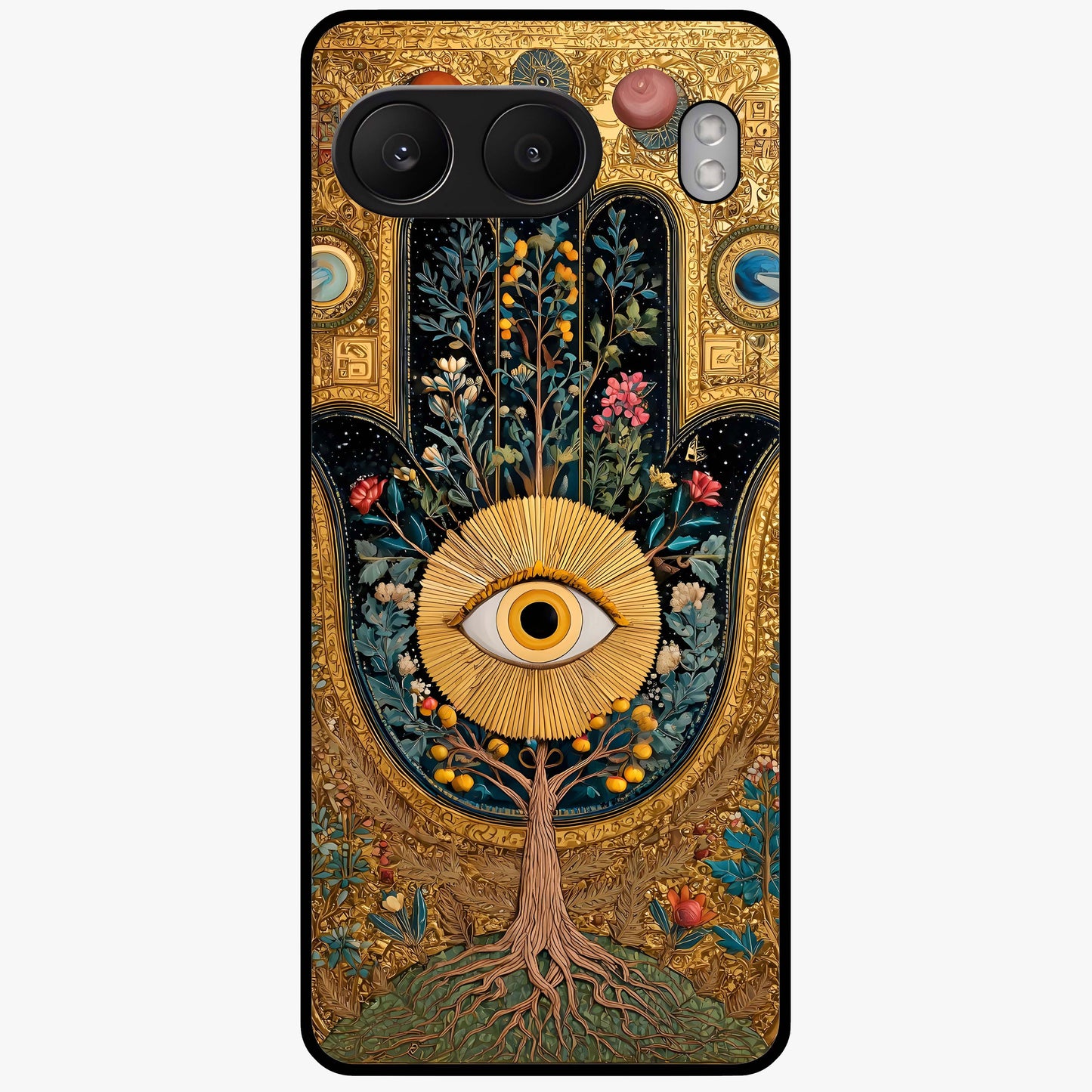 Ethereal Evil Eye Glass Case for 1+Nord 4 mystical front view featuring soft glowing evil eye artwork