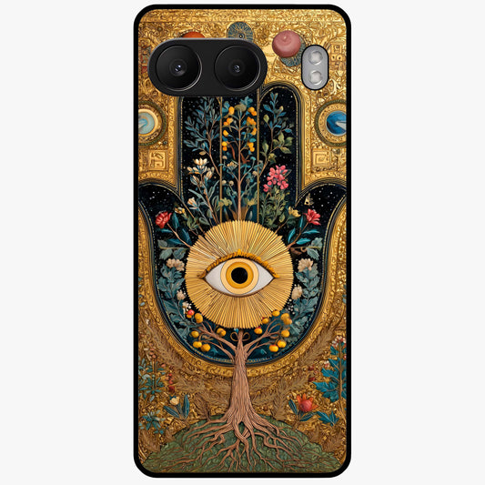 Ethereal Evil Eye Glass Case for 1+Nord 4 mystical front view featuring soft glowing evil eye artwork