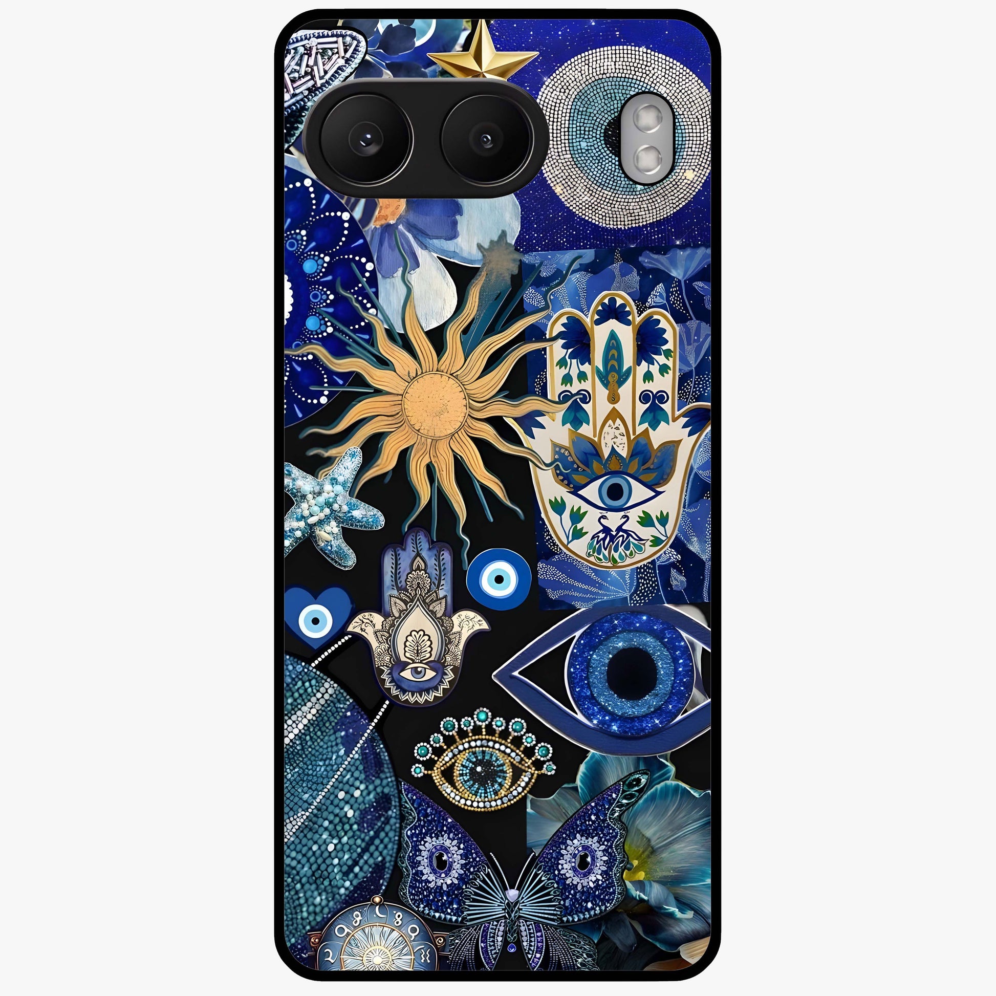 Evil Eye Charm Mix Glass Case for 1+Nord 4 vibrant front view featuring multiple evil eye charm artwork
