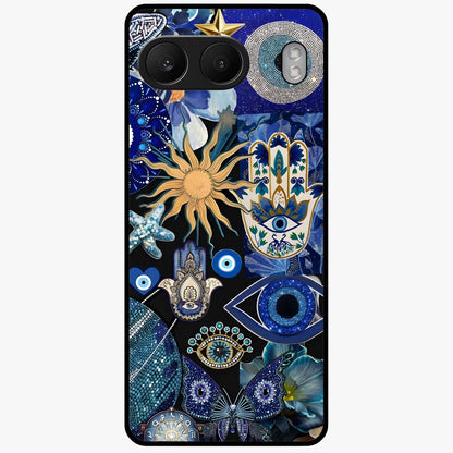 Evil Eye Charm Mix Glass Case for 1+Nord 4 vibrant front view featuring multiple evil eye charm artwork