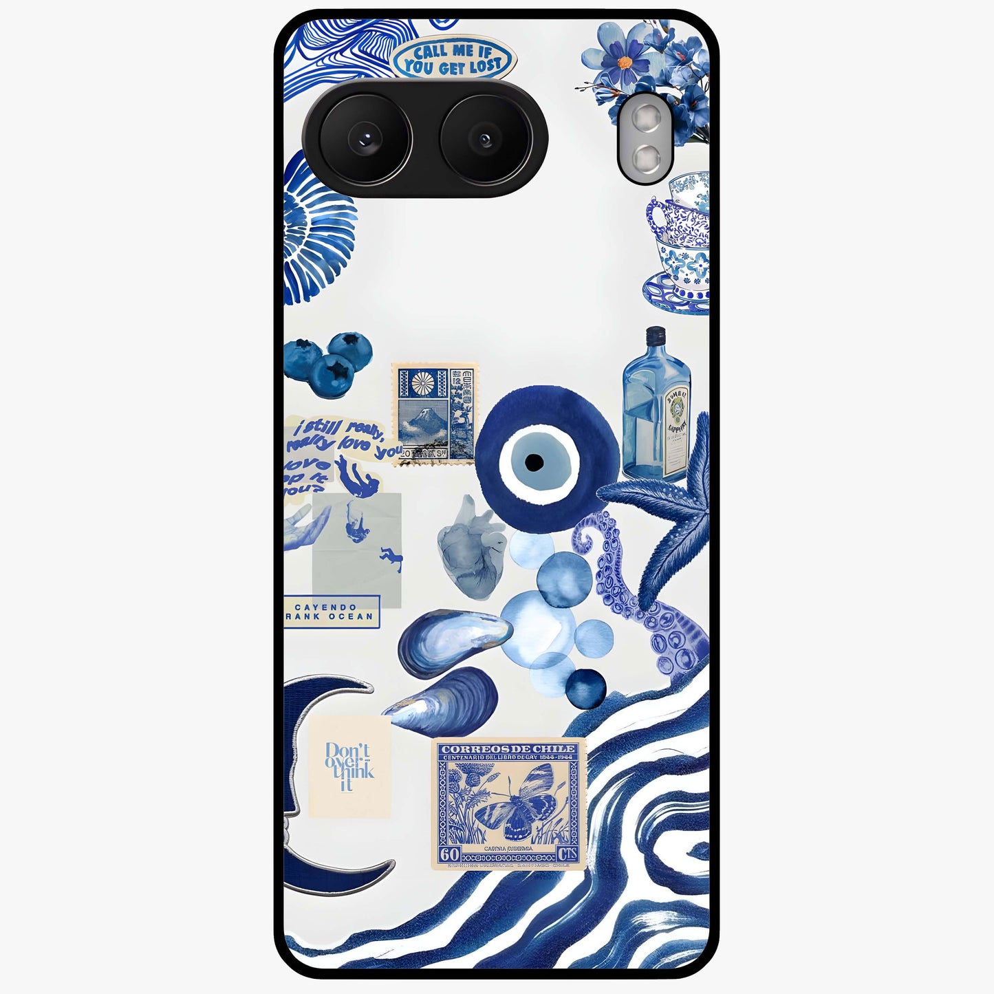 Evil Eyes Dark Blue Glass Case for 1+Nord 4 striking front view featuring deep blue evil eye artwork