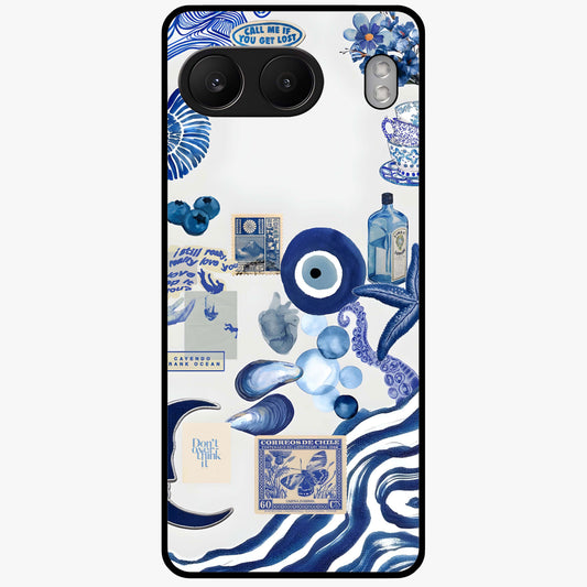 Evil Eyes Dark Blue Glass Case for 1+Nord 4 striking front view featuring deep blue evil eye artwork