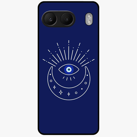 Evil Eye With Blue Themed Collage Glass Case for 1+Nord 4 artistic front view featuring blue collage style evil eye artwork