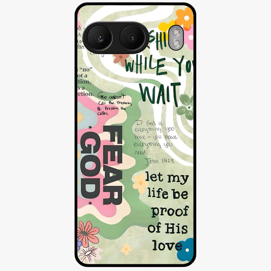 Faith Over Fear Glass Case for 1+Nord 4 inspirational front view featuring bold motivational typography artwork