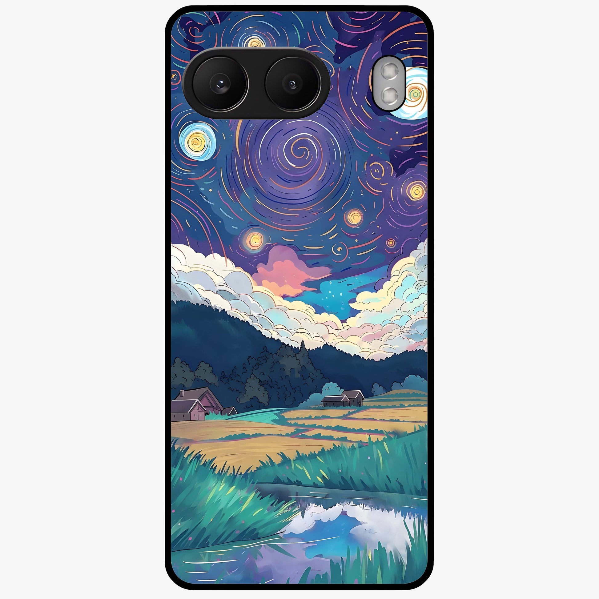 Fields Beneath the Cosmos Glass Case for 1+Nord 4 dreamy front view featuring meadow landscape under cosmic sky