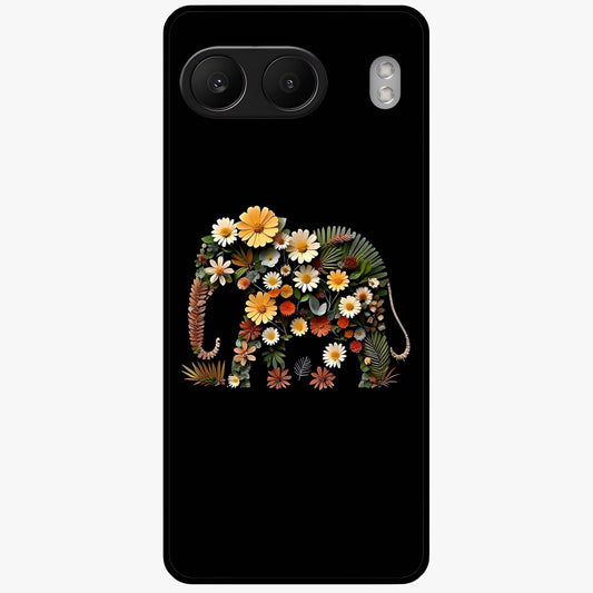 Floral Elephant Glass Case for 1+Nord 4 artistic front view featuring elephant illustration with floral detailing