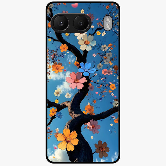 Floral Tree Glass Case for 1+Nord 4 elegant front view featuring blooming tree artwork
