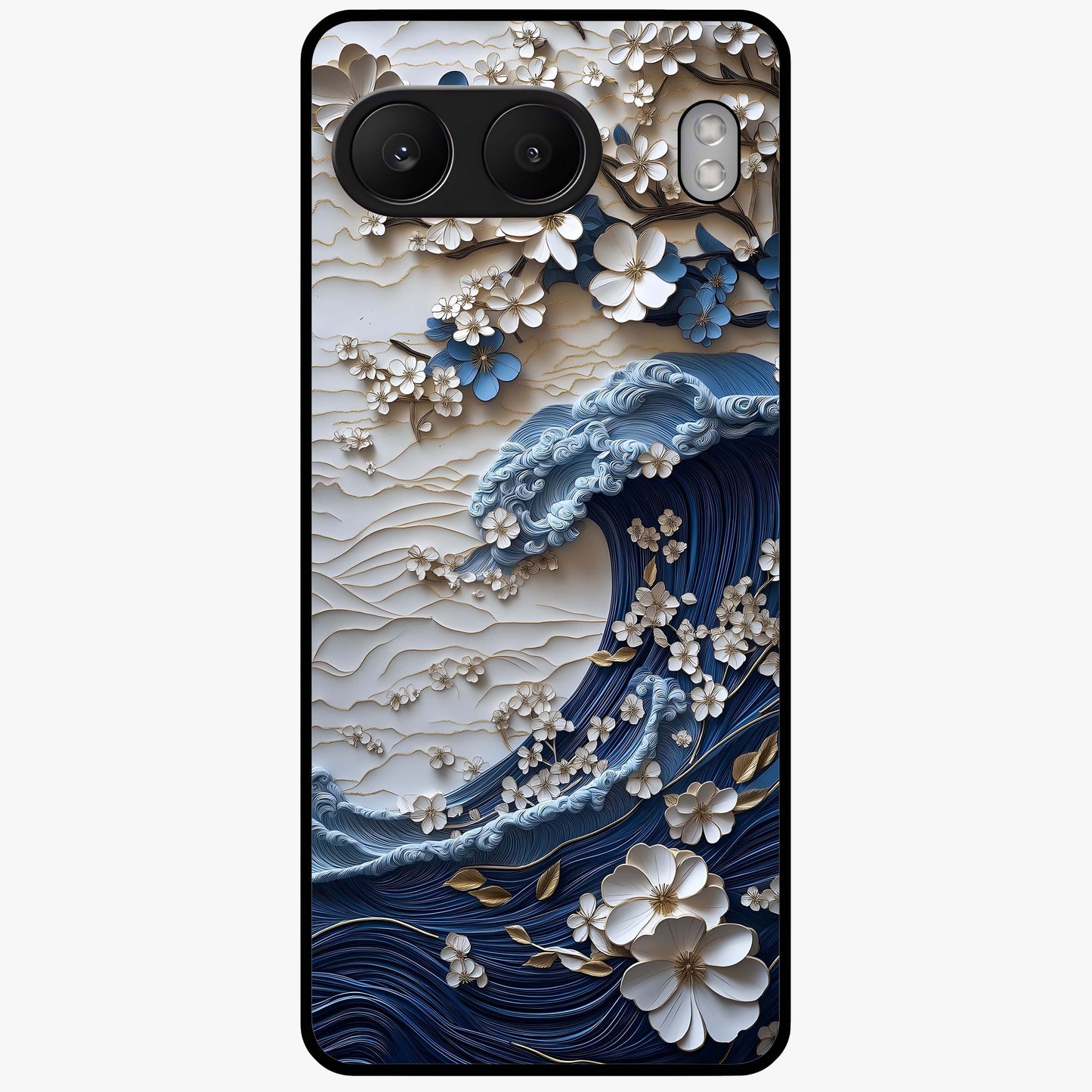 Floral Wave Origami Glass Case for 1+Nord 4 artistic front view featuring folded origami inspired floral wave artwork