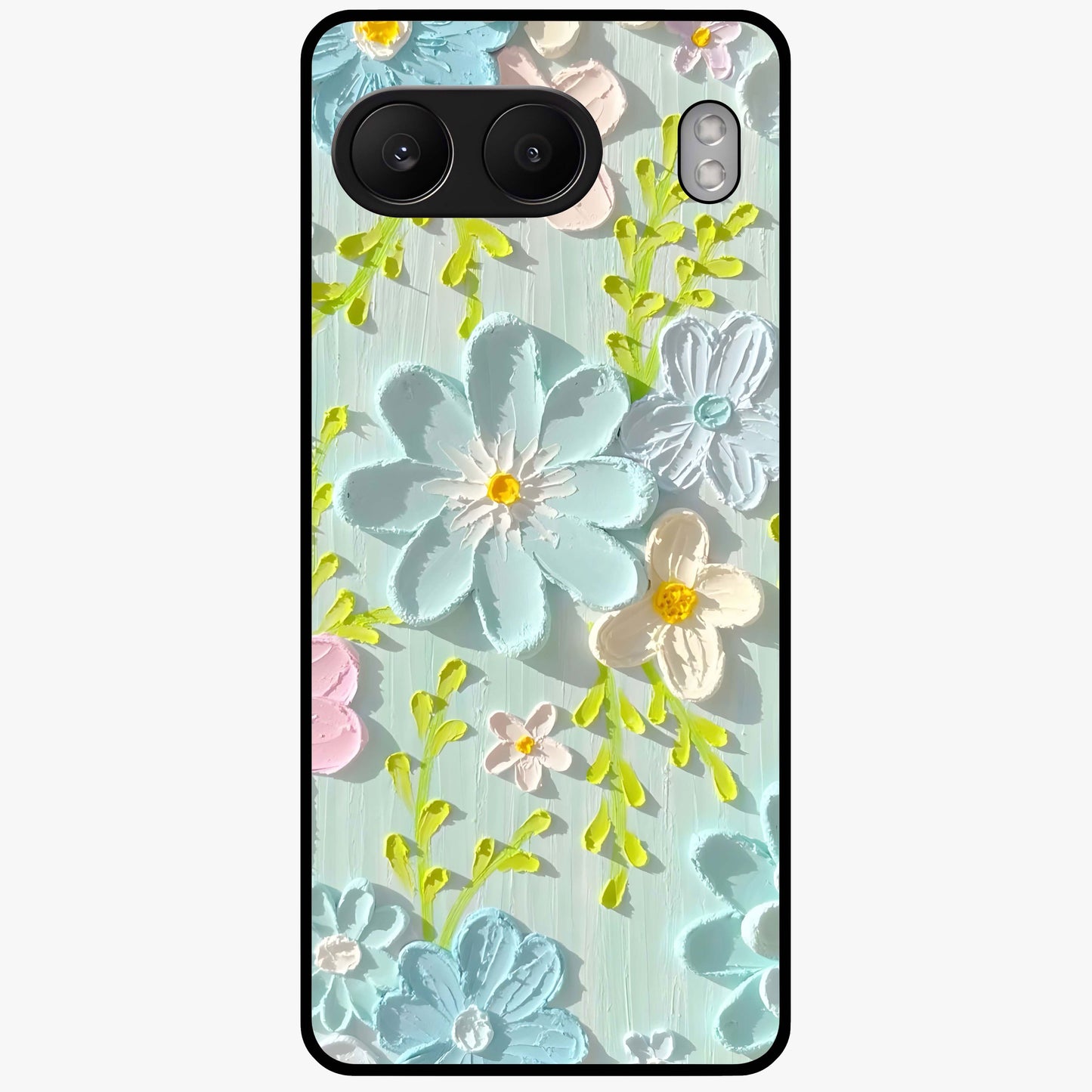 Frosted Petal Garden Glass Case for 1+Nord 4 soft front view featuring delicate floral artwork with frosted aesthetic tones