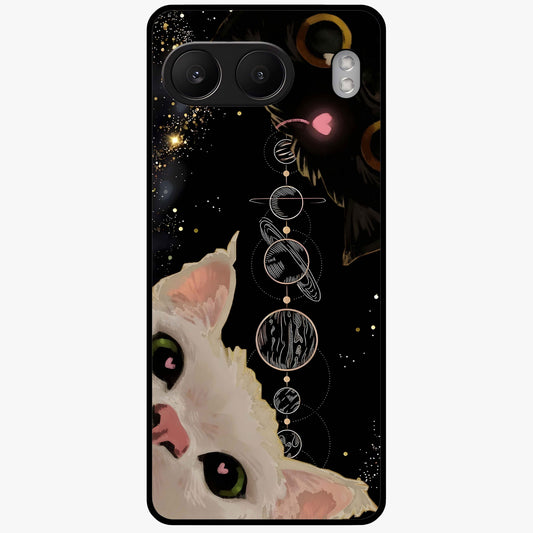 Galactic Cat Glass Case for 1+Nord 4 mystical front view featuring cat artwork against cosmic galaxy background
