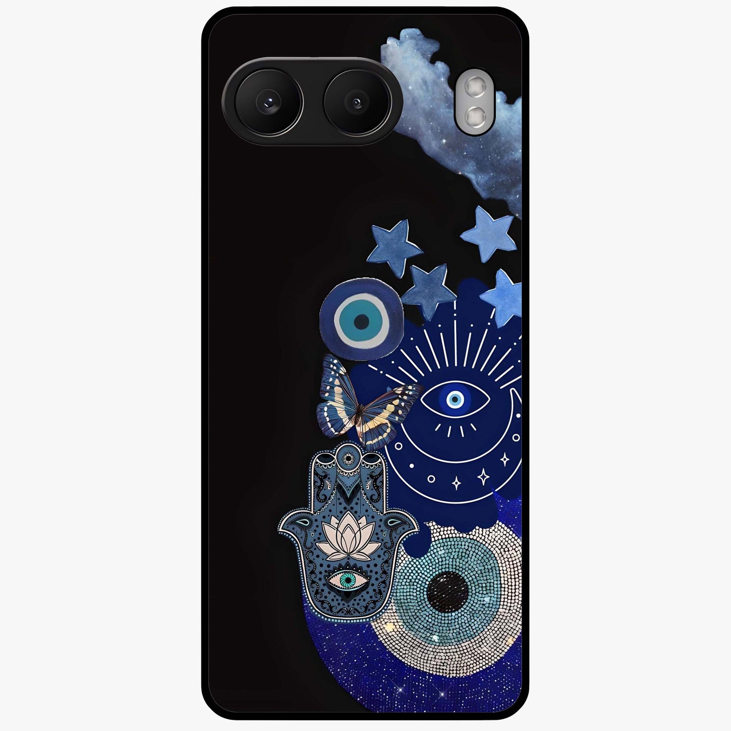 Galactic Charm Cluster Glass Case for 1+Nord 4 artistic front view featuring clustered cosmic charm artwork