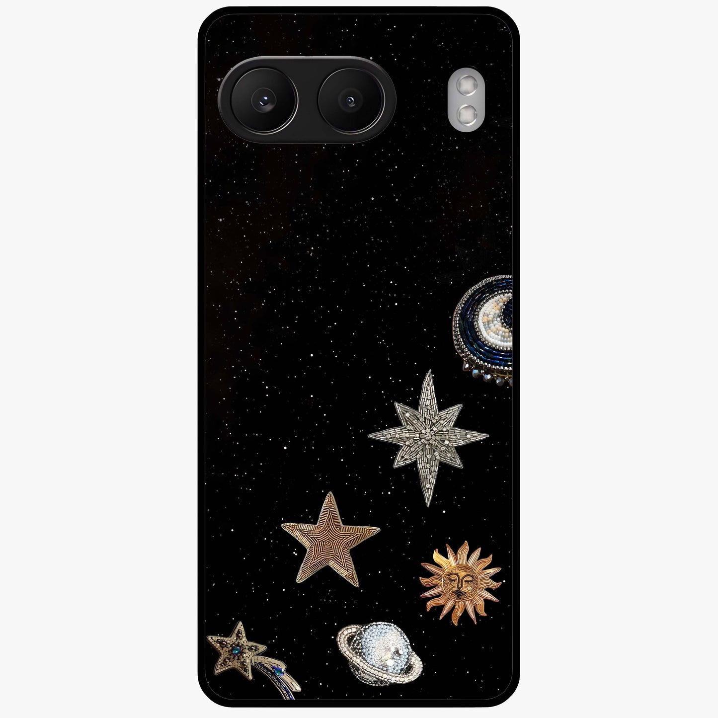 Galactic Charm Glow Glass Case for 1+Nord 4 radiant front view featuring glowing cosmic charm artwork