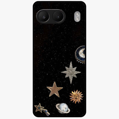 Galactic Charm Glow Glass Case for 1+Nord 4 radiant front view featuring glowing cosmic charm artwork