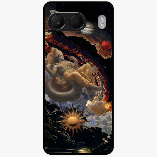 Galactic Divine God Glass Case for 1+Nord 4 powerful front view featuring divine artwork blended with cosmic background