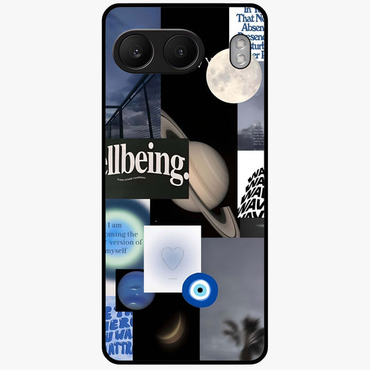 Galactic Energy Collage Glass Case for 1+Nord 4 artistic front view featuring layered cosmic collage artwork
