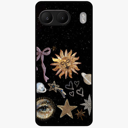 Galactic Sun Charm Glass Case for 1+Nord 4 radiant front view featuring celestial sun artwork with cosmic accents