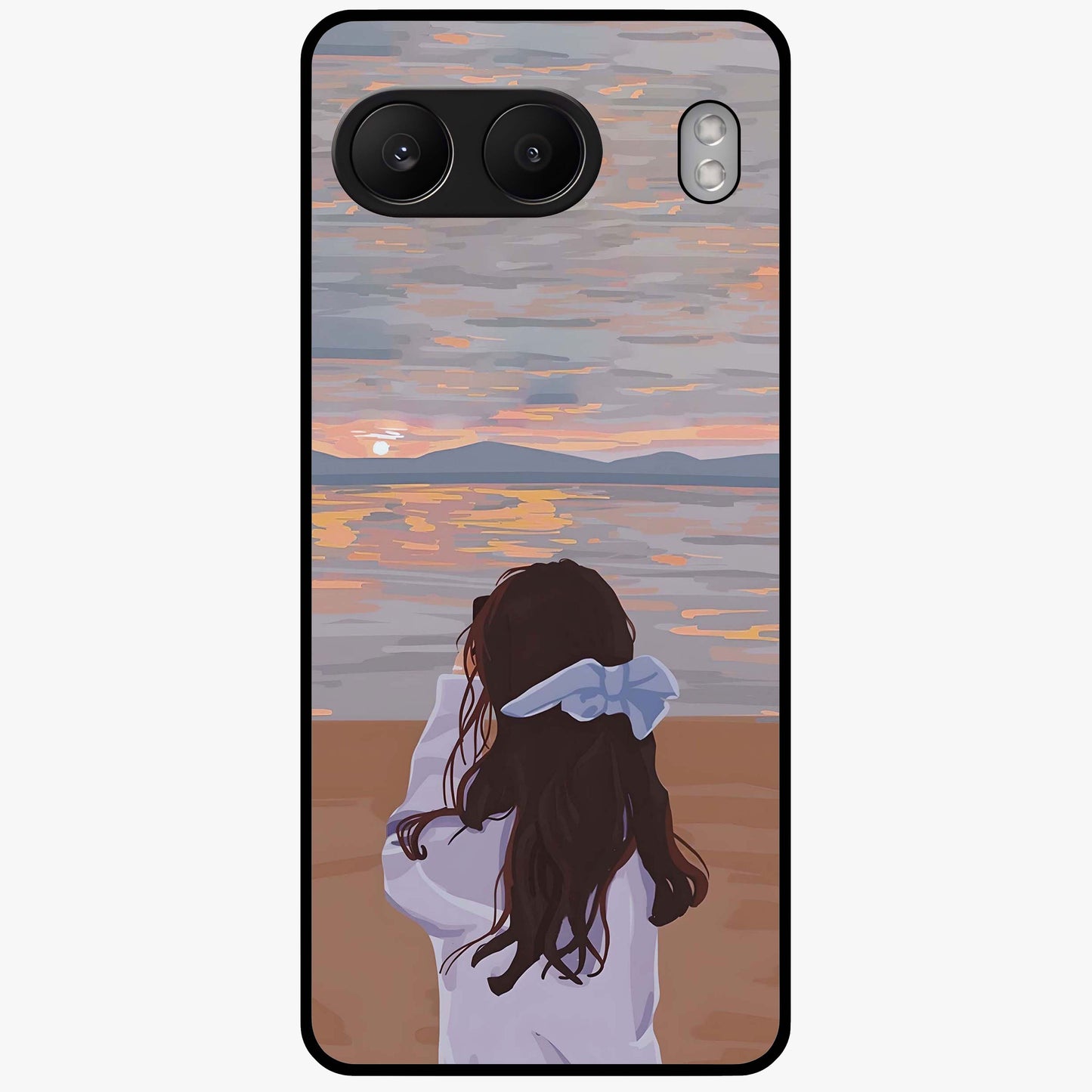 Girl Facing Sunset Beach Glass Case for 1+Nord 4 scenic front view featuring silhouette artwork against glowing sunset sky