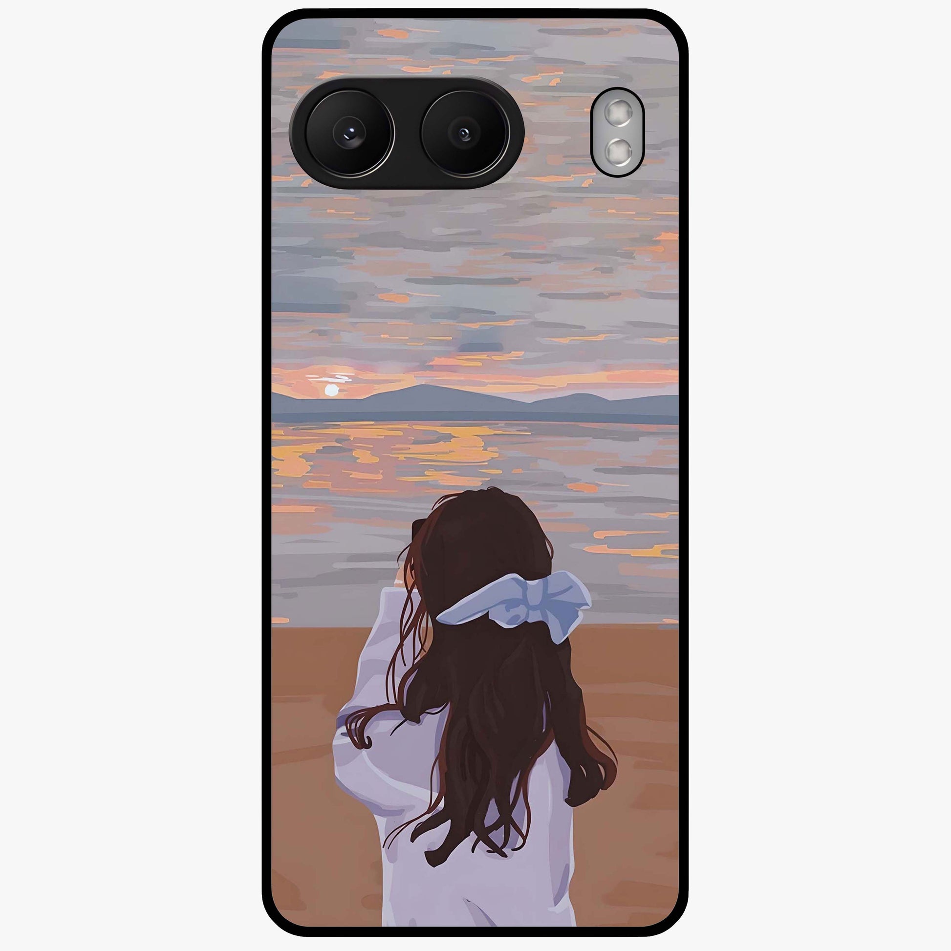 Girl Facing Sunset Beach Glass Case for 1+Nord 4 scenic front view featuring silhouette artwork against glowing sunset sky