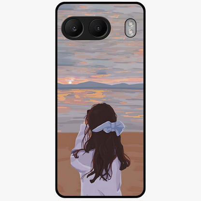 Girl Facing Sunset Beach Glass Case for 1+Nord 4 scenic front view featuring silhouette artwork against glowing sunset sky