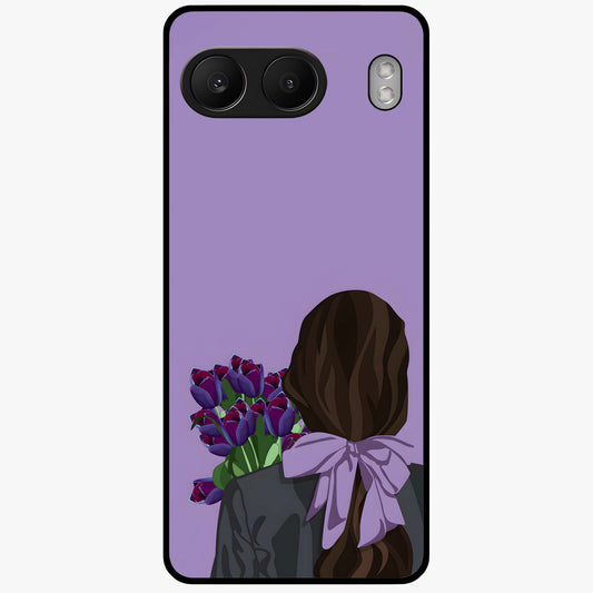 Girl Holding Flowers Glass Case for 1+Nord 4 aesthetic front view featuring soft illustrated character with floral bouquet