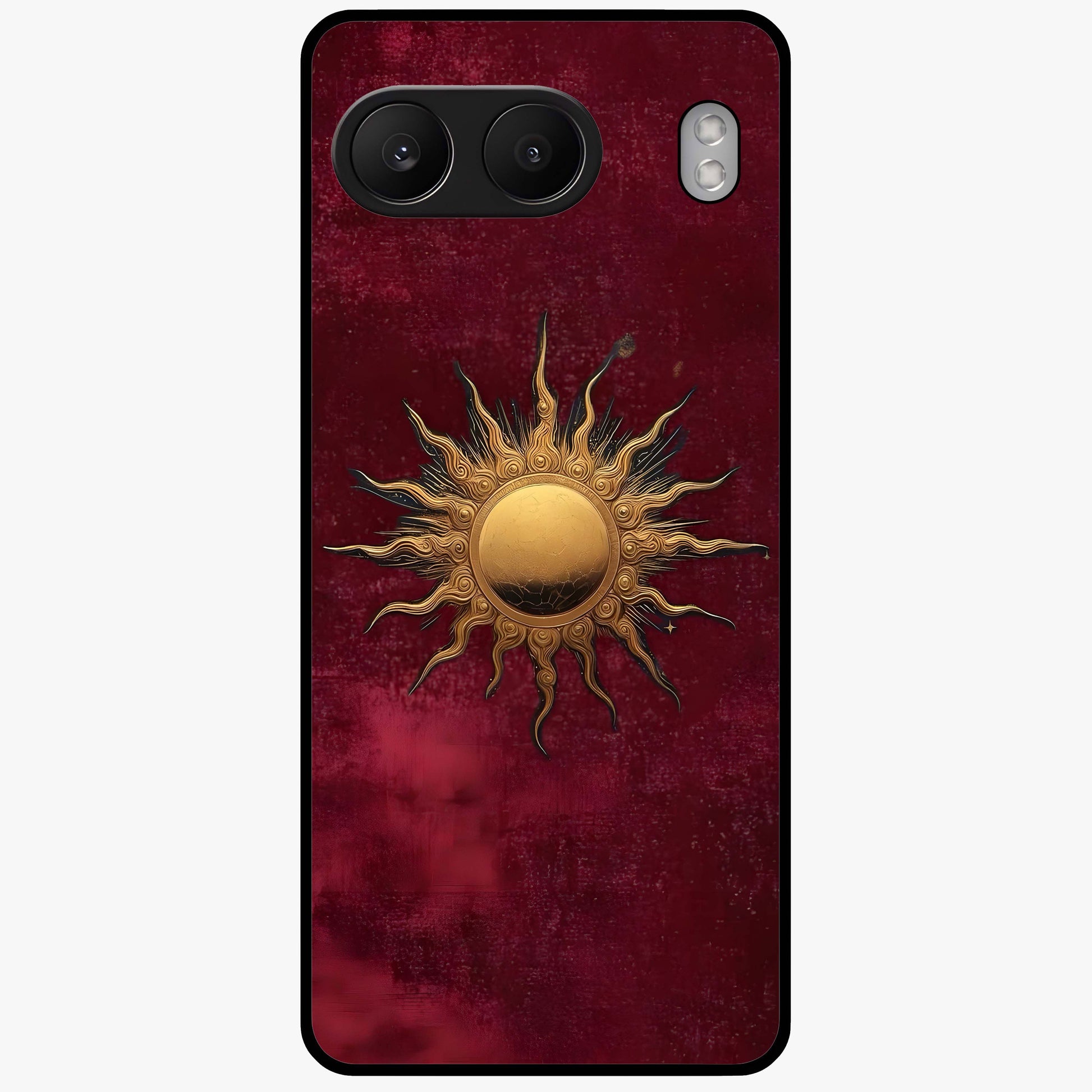 Gold Sun Blush Glass Case for 1+Nord 4 elegant front view featuring warm golden sun inspired artwork