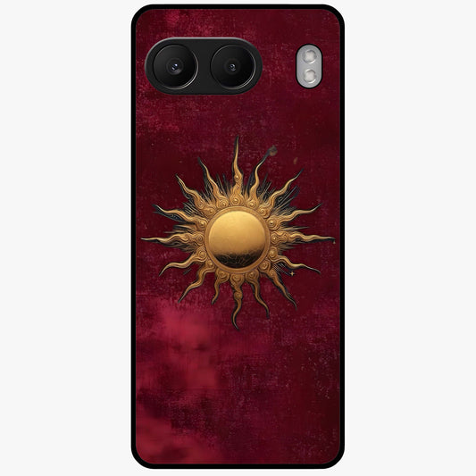 Gold Sun Blush Glass Case for 1+Nord 4 elegant front view featuring warm golden sun inspired artwork