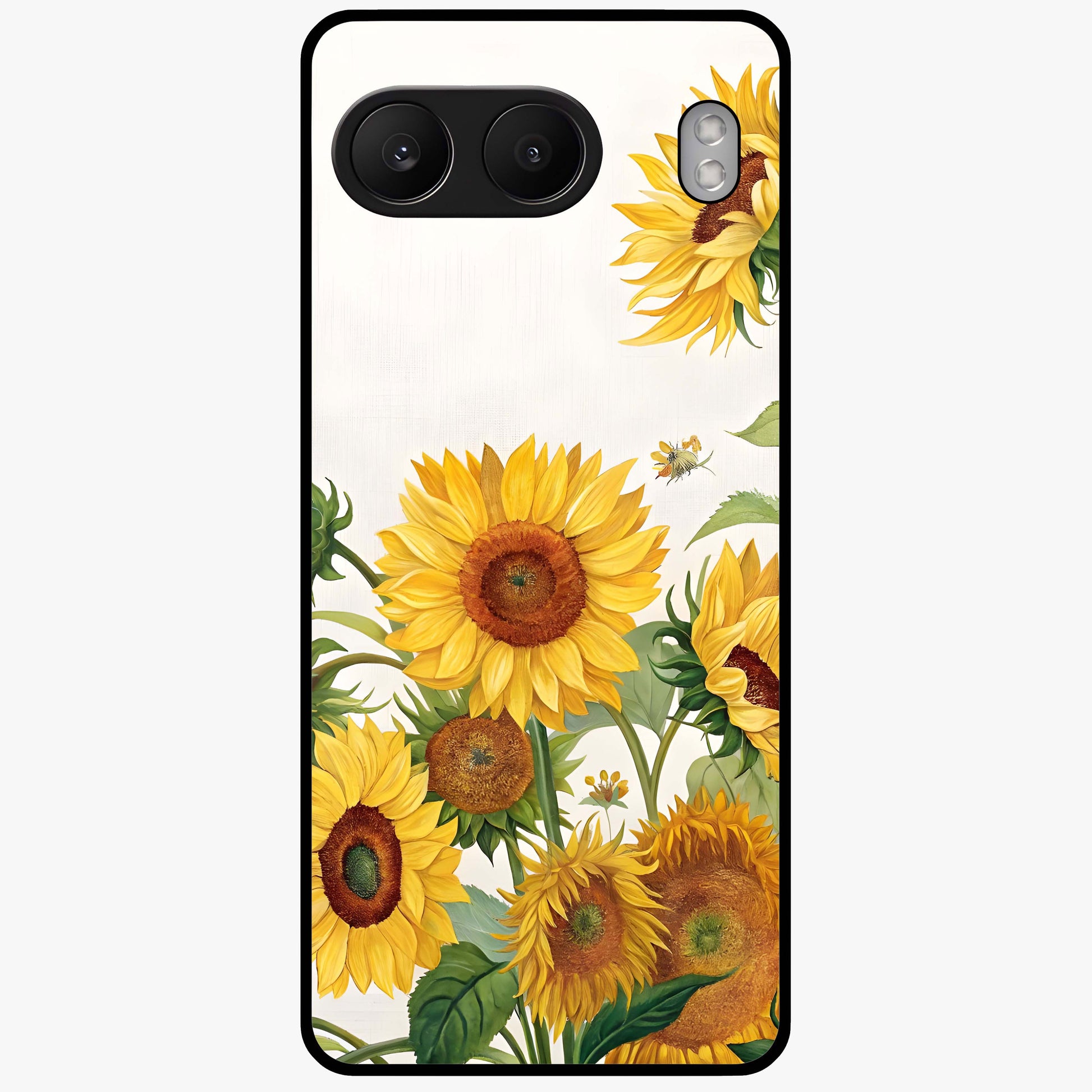 Golden Bloom Fields Glass Case for 1+Nord 4 serene front view featuring glowing floral field artwork