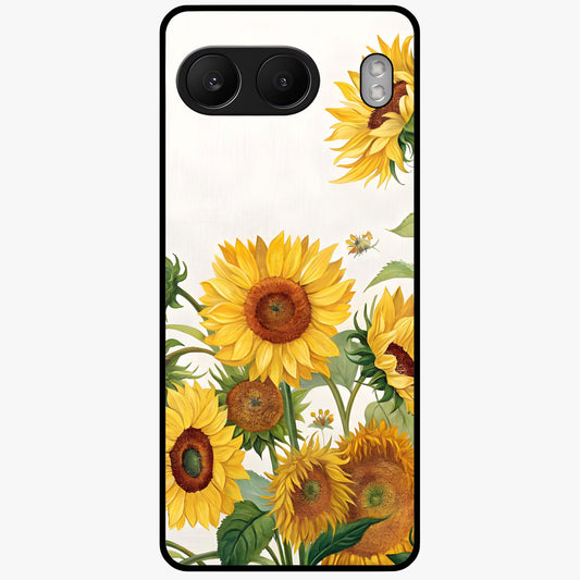 Golden Bloom Fields Glass Case for 1+Nord 4 serene front view featuring glowing floral field artwork