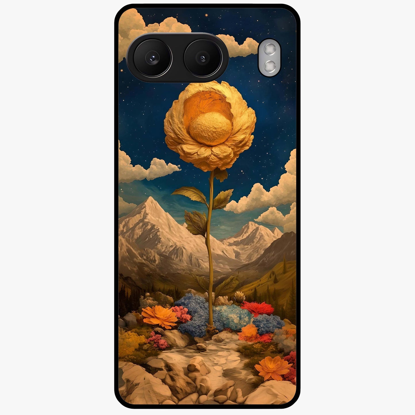 Golden Bloom Night Glass Case for 1+Nord 4 elegant front view featuring glowing golden floral artwork on dark background