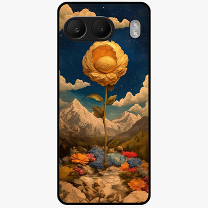 Golden Bloom Night Glass Case for 1+Nord 4 elegant front view featuring glowing golden floral artwork on dark background