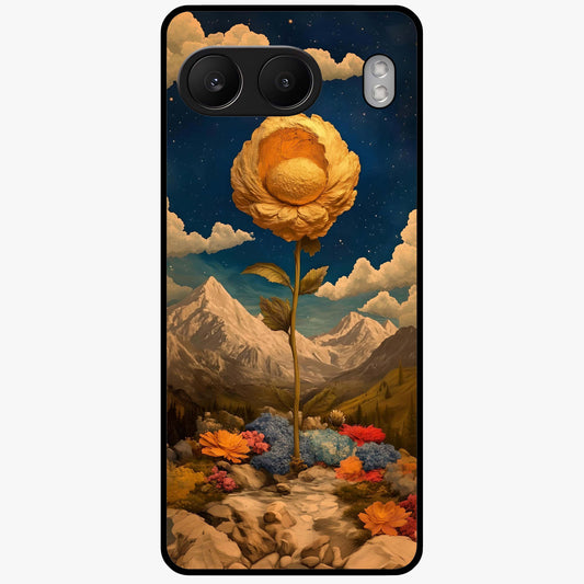 Golden Bloom Night Glass Case for 1+Nord 4 elegant front view featuring glowing golden floral artwork on dark background