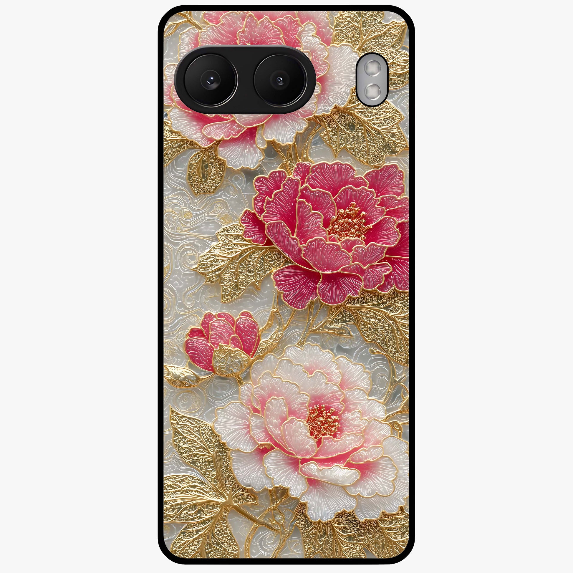 Golden Blossom Elegance Glass Case for 1+Nord 4 graceful front view featuring refined golden floral artwork