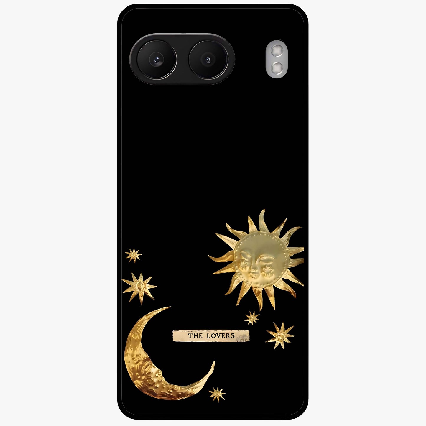 Golden Celestial Charm Glass Case for 1+Nord 4 radiant front view featuring celestial artwork with golden accents