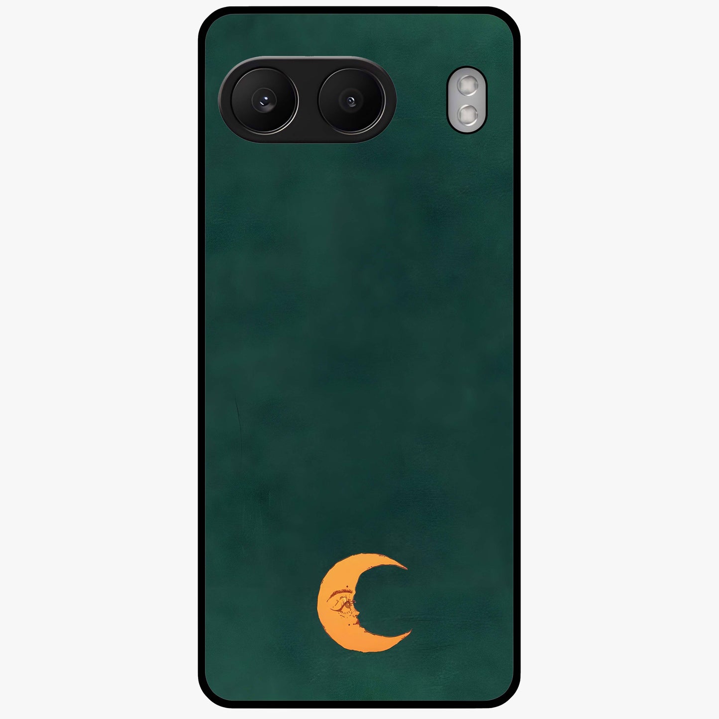 Golden Crescent Mood Glass Case for 1+Nord 4 artistic front view featuring crescent moon artwork in warm golden tones