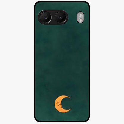 Golden Crescent Mood Glass Case for 1+Nord 4 artistic front view featuring crescent moon artwork in warm golden tones