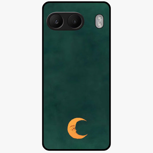 Golden Crescent Mood Glass Case for 1+Nord 4 artistic front view featuring crescent moon artwork in warm golden tones