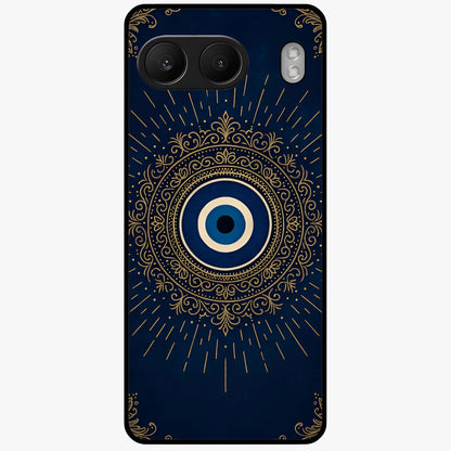Golden Evil Eye Mandala Glass Case for 1+Nord 4 bold front view featuring intricate mandala artwork with golden evil eye