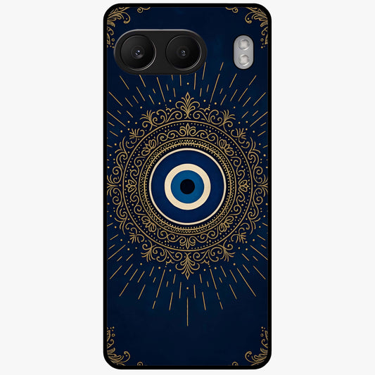 Golden Evil Eye Mandala Glass Case for 1+Nord 4 bold front view featuring intricate mandala artwork with golden evil eye