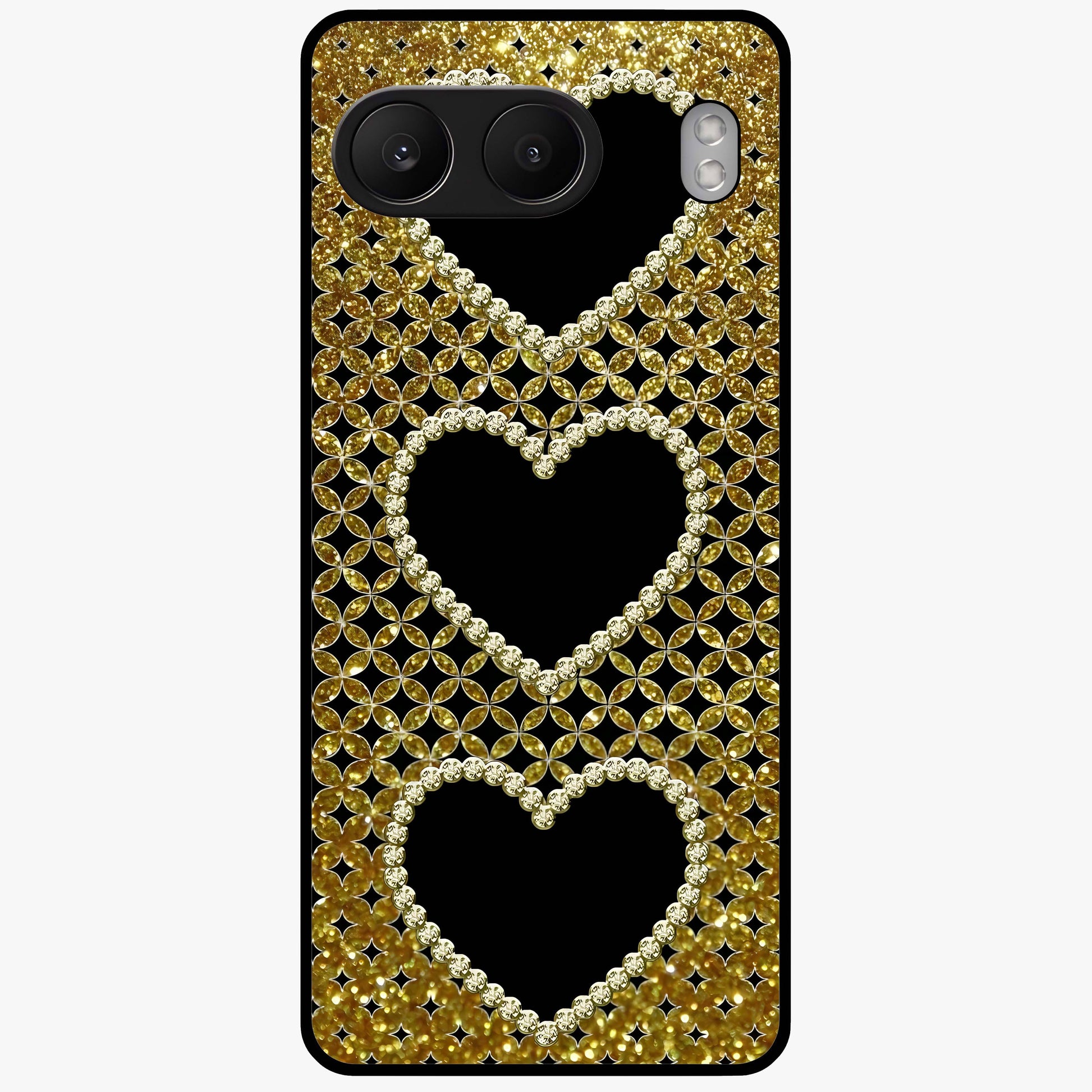 Golden Heart Glow Glass Case for 1+Nord 4 romantic front view featuring glowing golden heart artwork