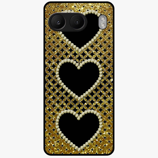 Golden Heart Glow Glass Case for 1+Nord 4 romantic front view featuring glowing golden heart artwork