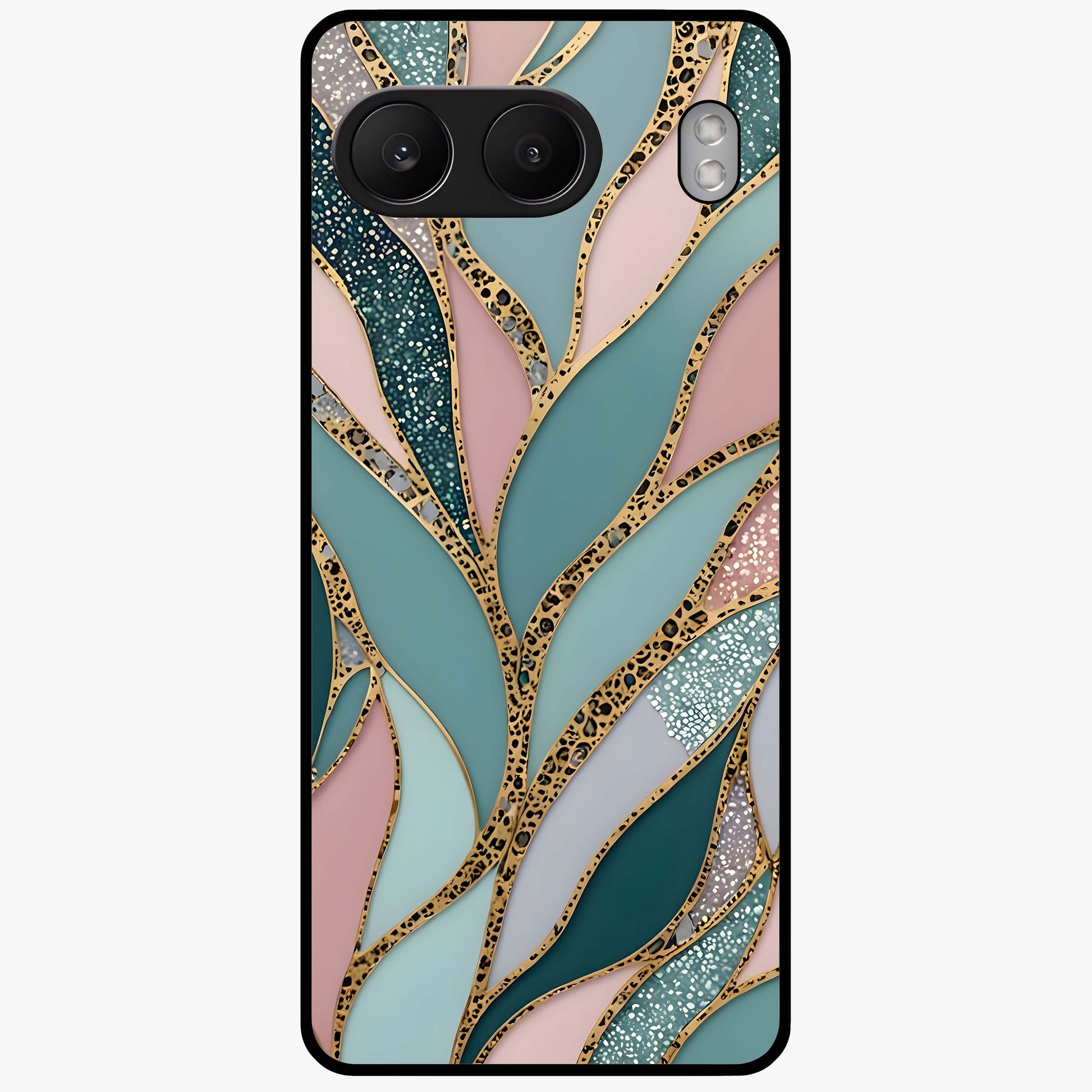 Golden Leaf Dreams Glass Case for 1+Nord 4 elegant front view featuring shimmering golden leaf artwork