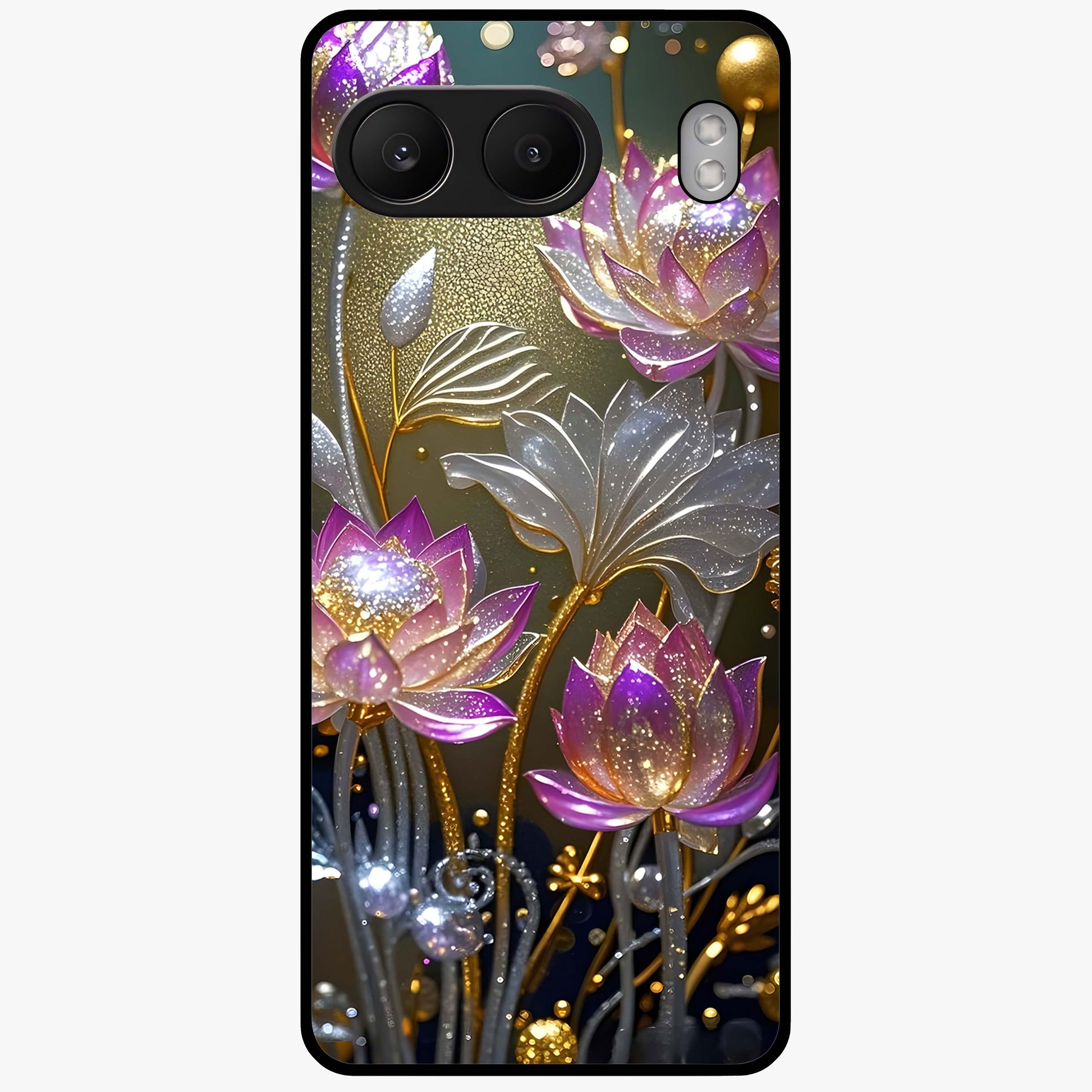 Golden Lotus Glow Glass Case for 1+Nord 4 serene front view featuring radiant lotus artwork in golden hues