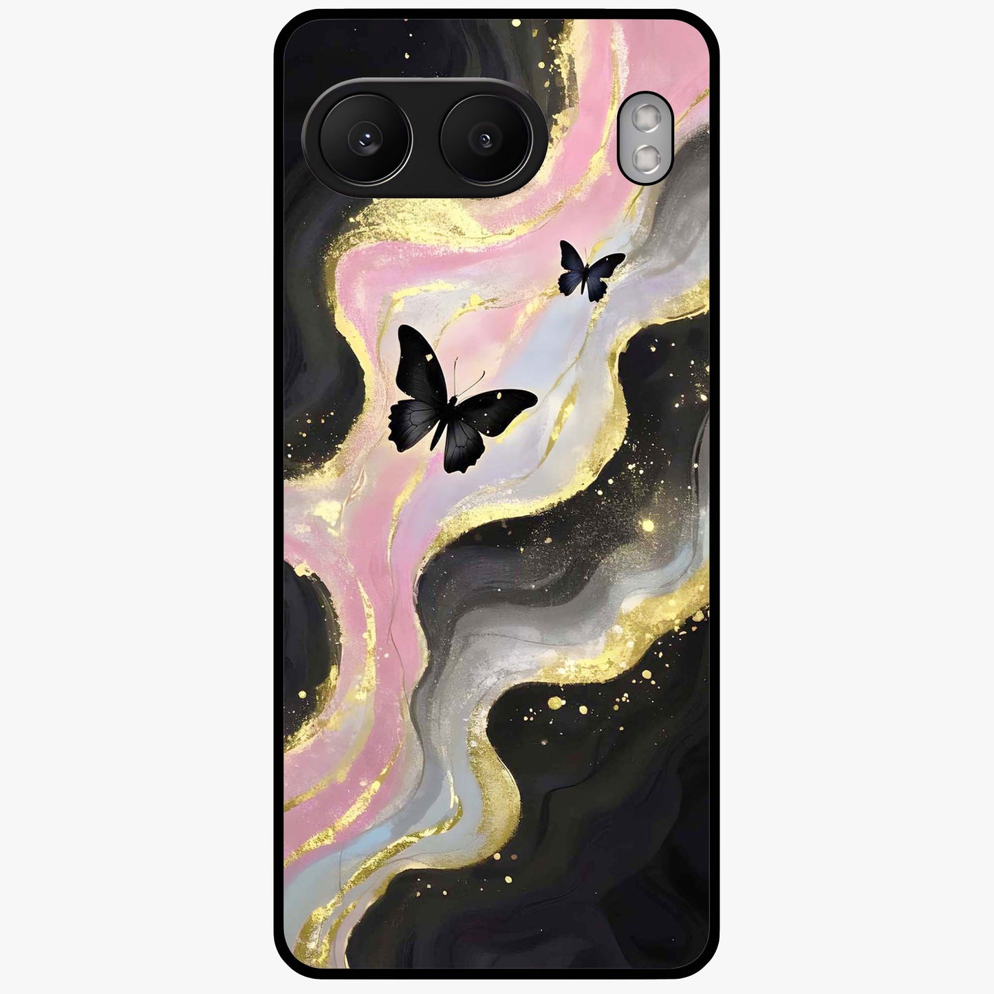 Golden Mist Butterflies Glass Case for 1+Nord 4 elegant front view featuring soft golden butterfly artwork with misty tones