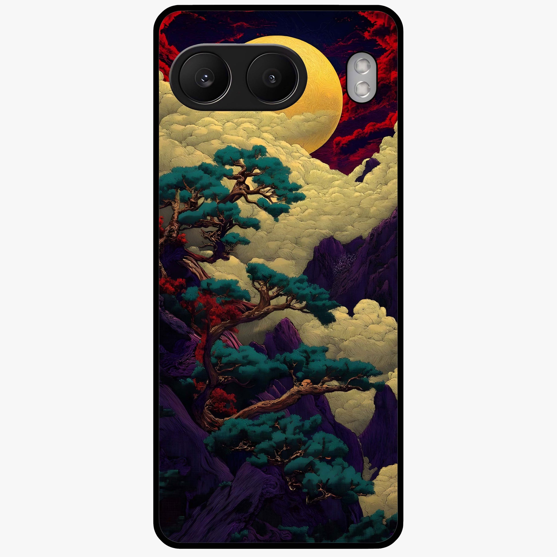 Golden Moon Horizon Glass Case for 1+Nord 4 serene front view featuring glowing golden moon over horizon artwork